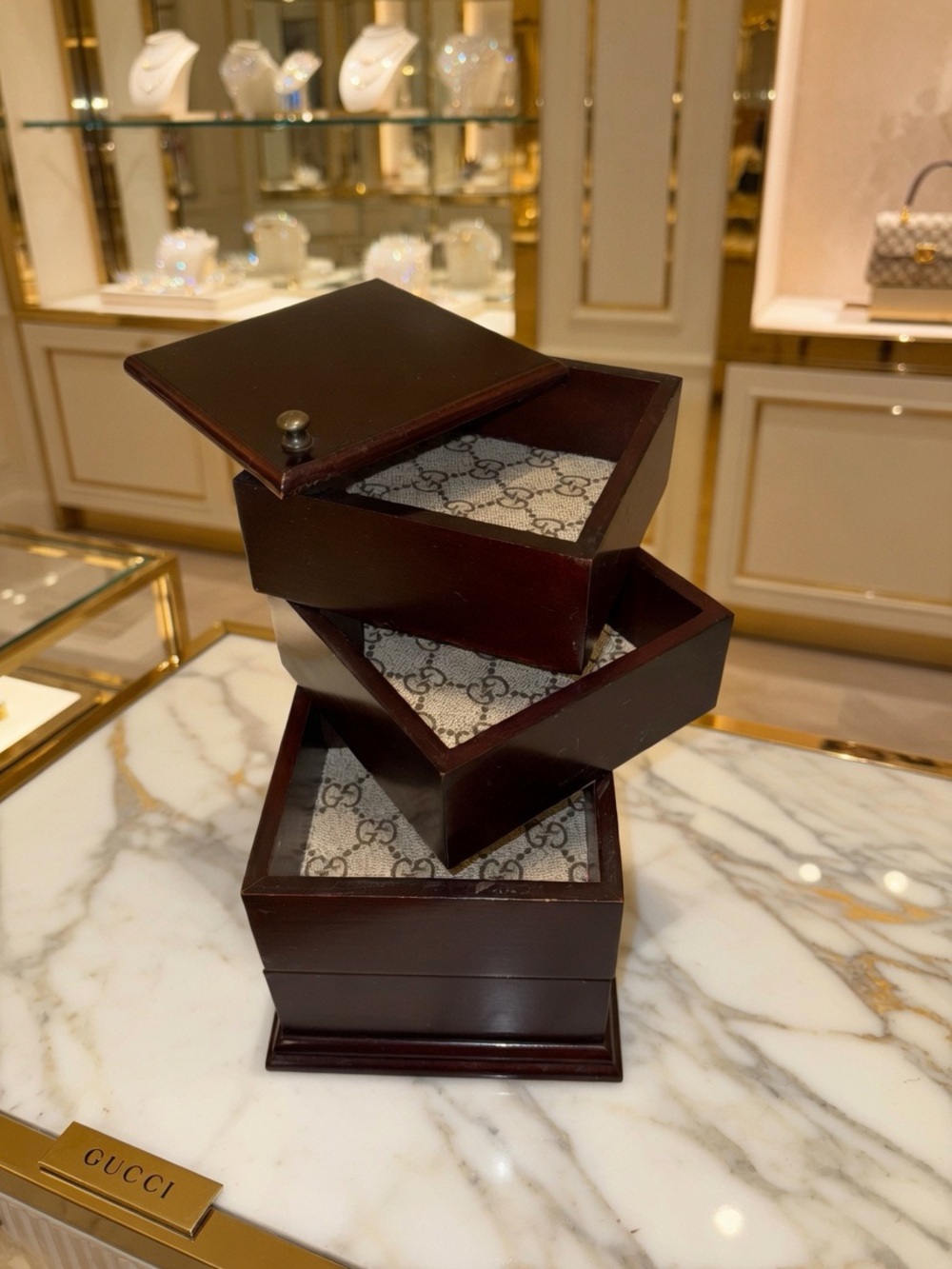 Dark Brown Wood Jewelry Box with Gucci Monogram Lining - Picture 3 of 4